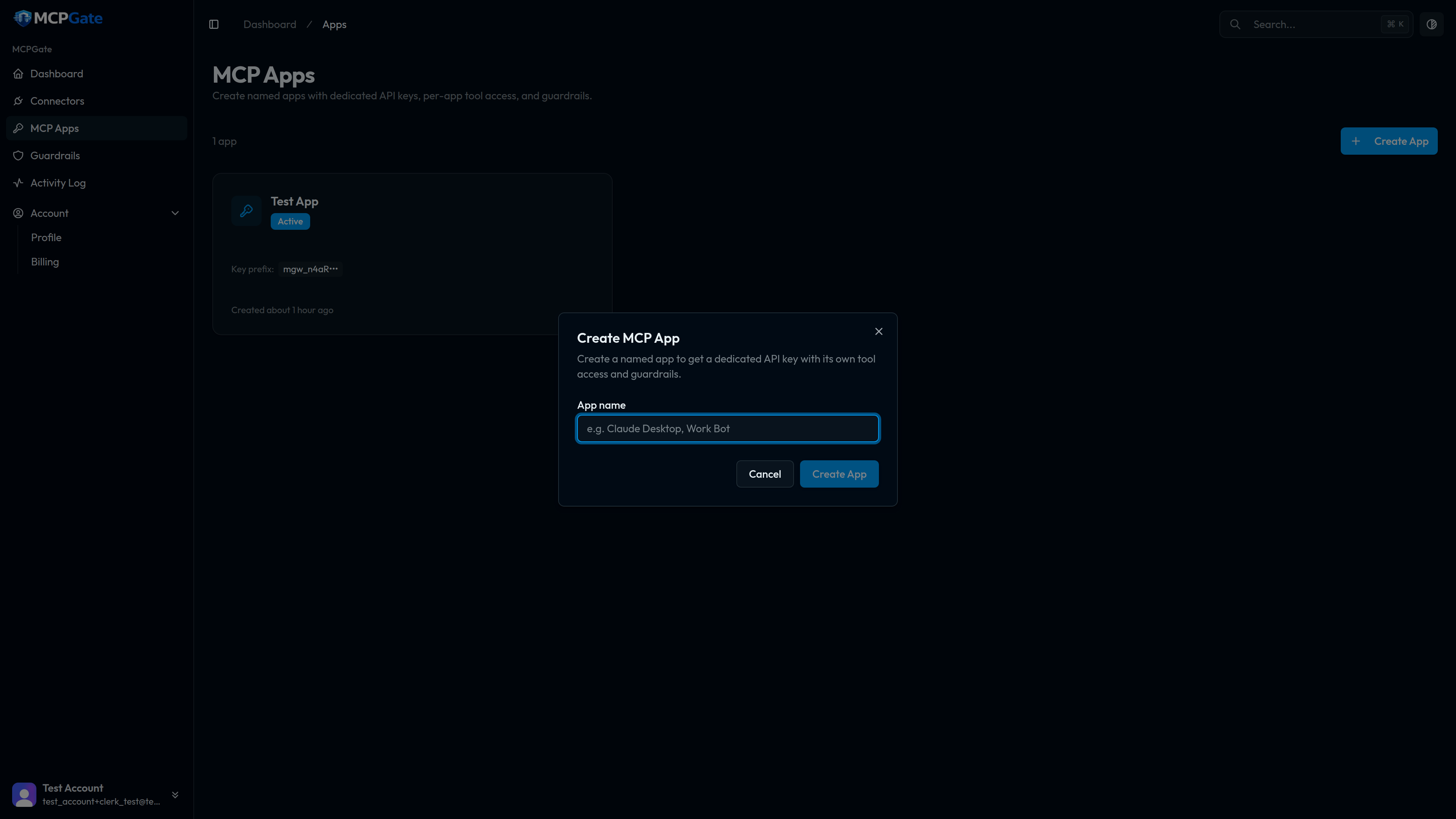 Create MCP App dialog with name field and connector selection