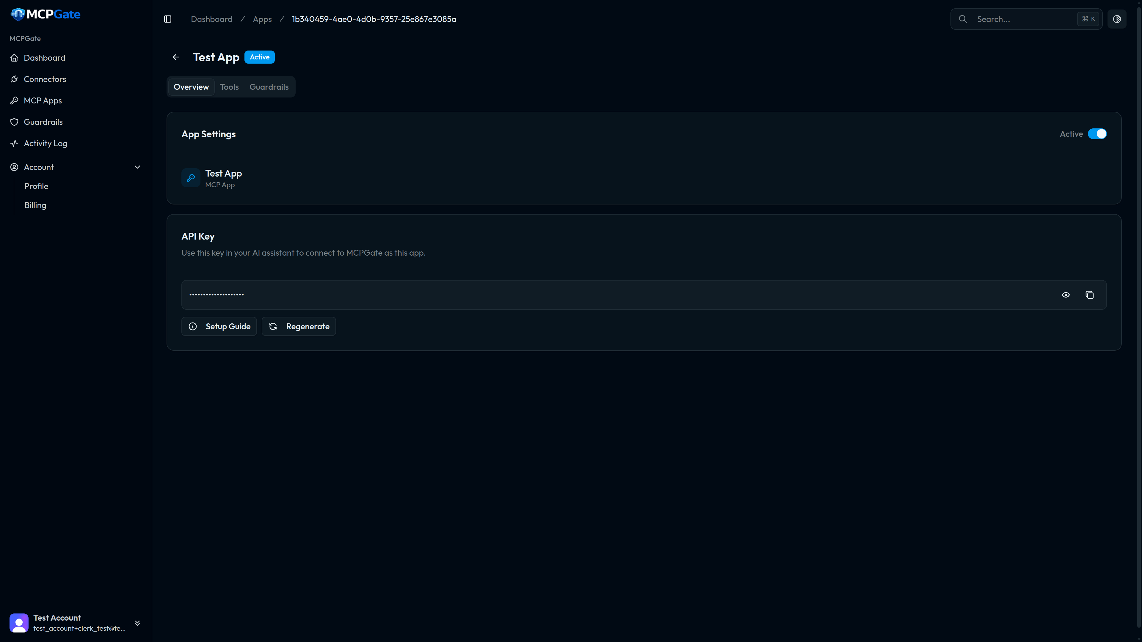 App overview page showing status, endpoint, and navigation tabs