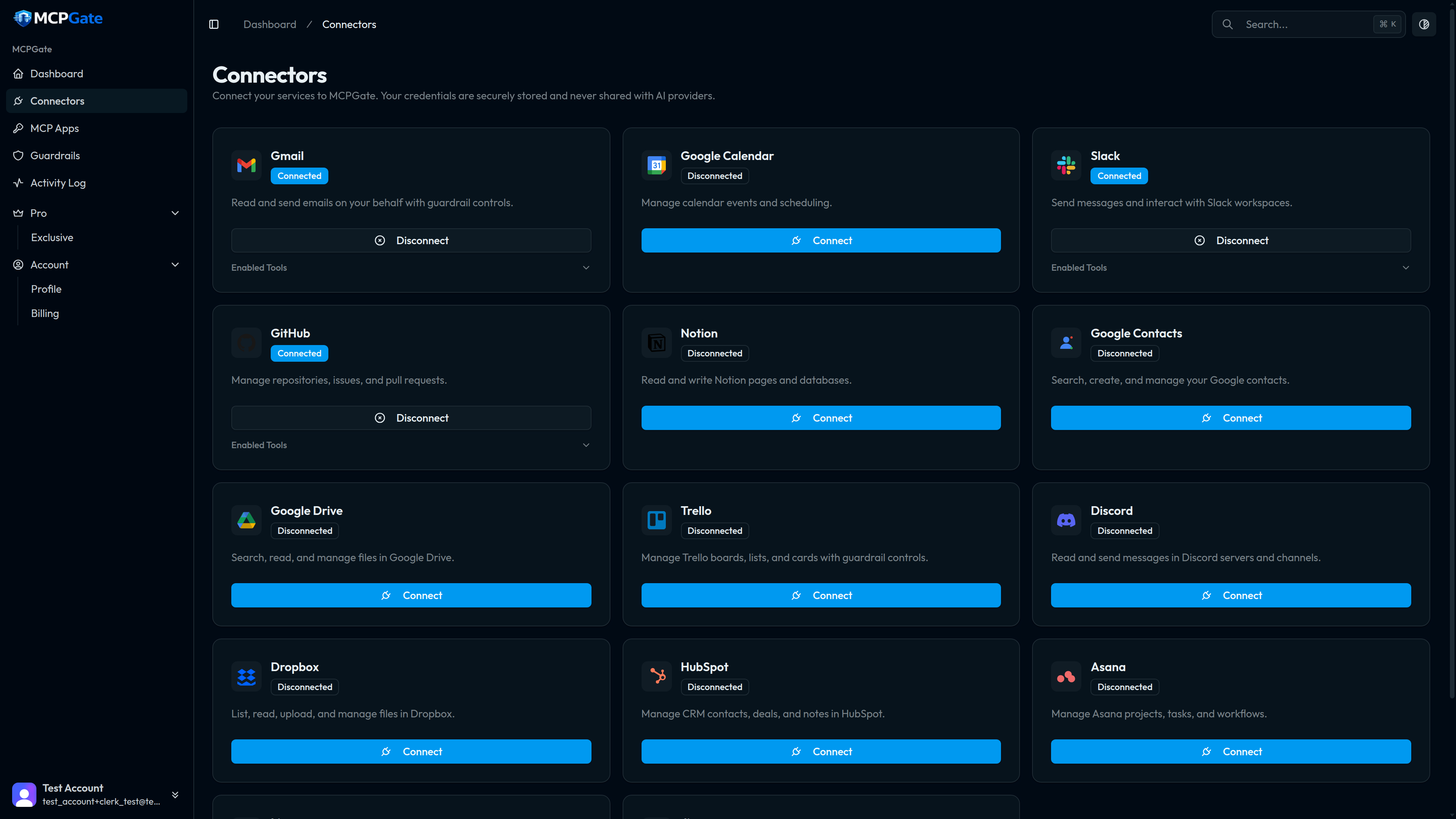 Connectors page showing available services with Connect buttons
