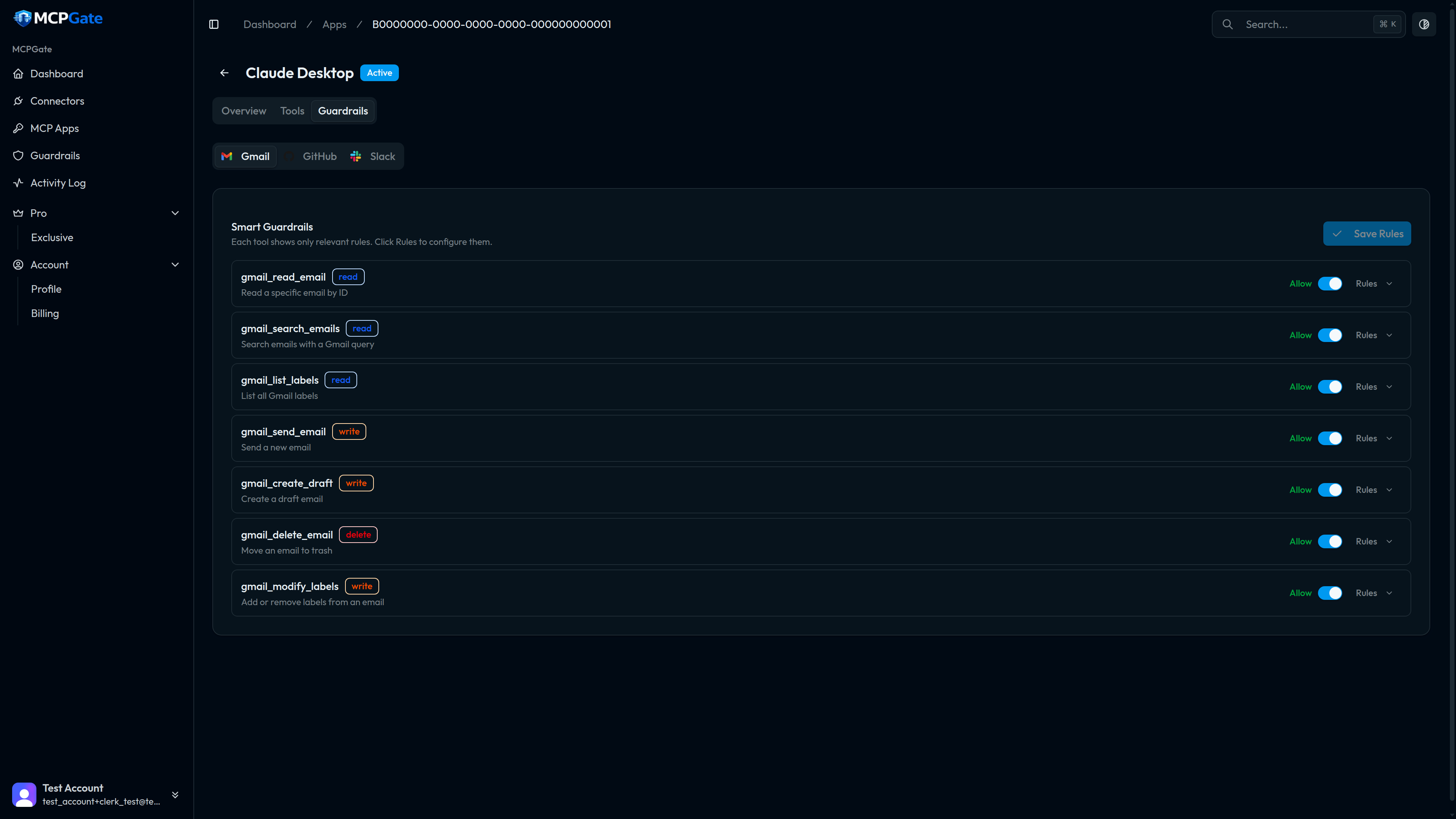 Guardrails tab showing allow/deny rules for tools