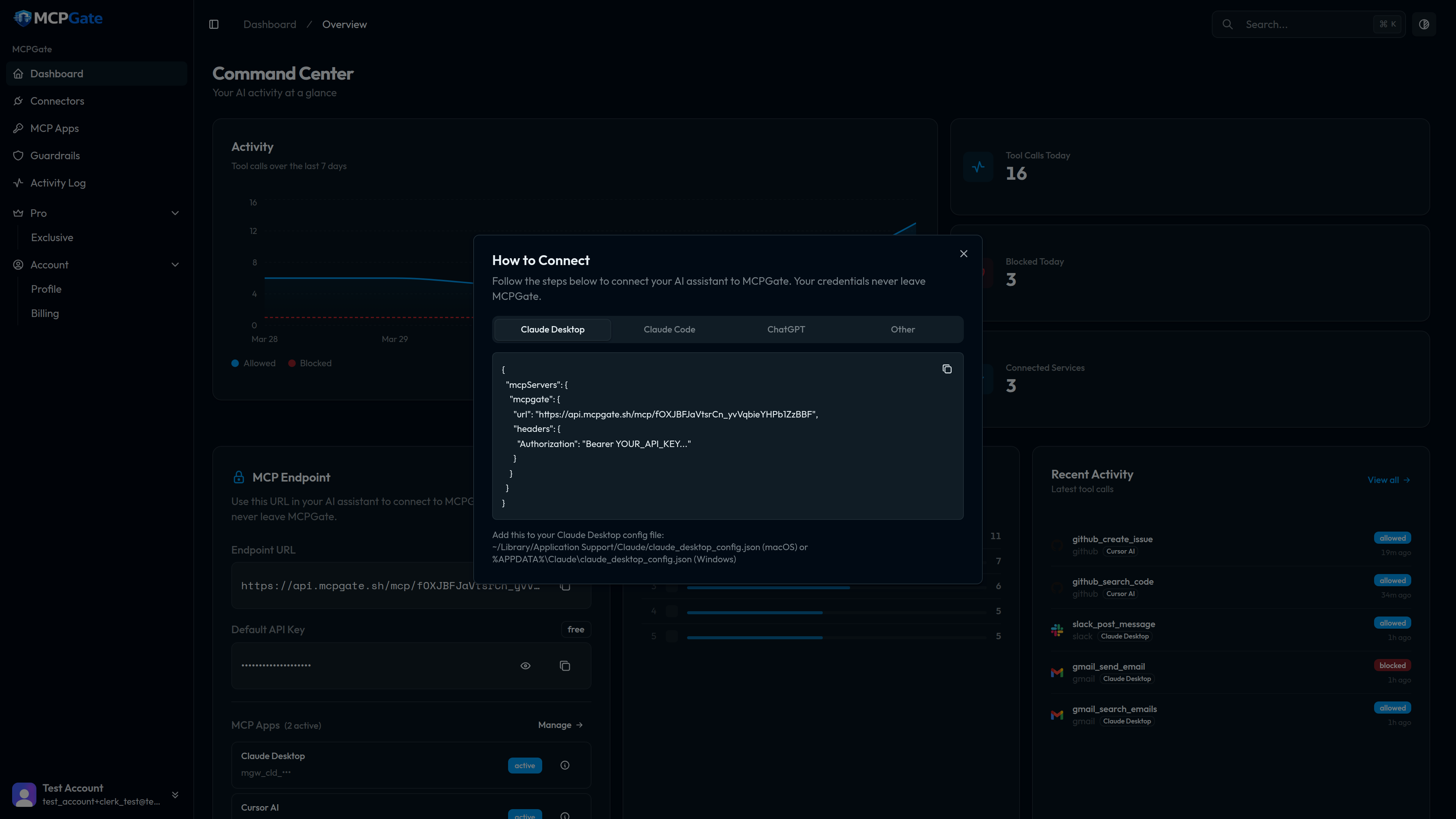 Claude Desktop config file with the MCPGate endpoint URL